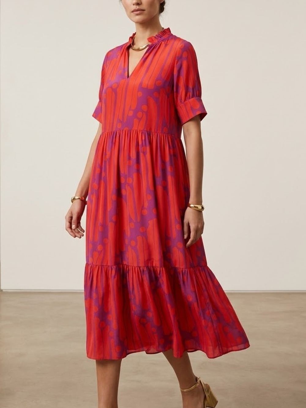 Collection by Cezele Dress Womens M Red Purple Abstract Tiered Midi Boho Summer